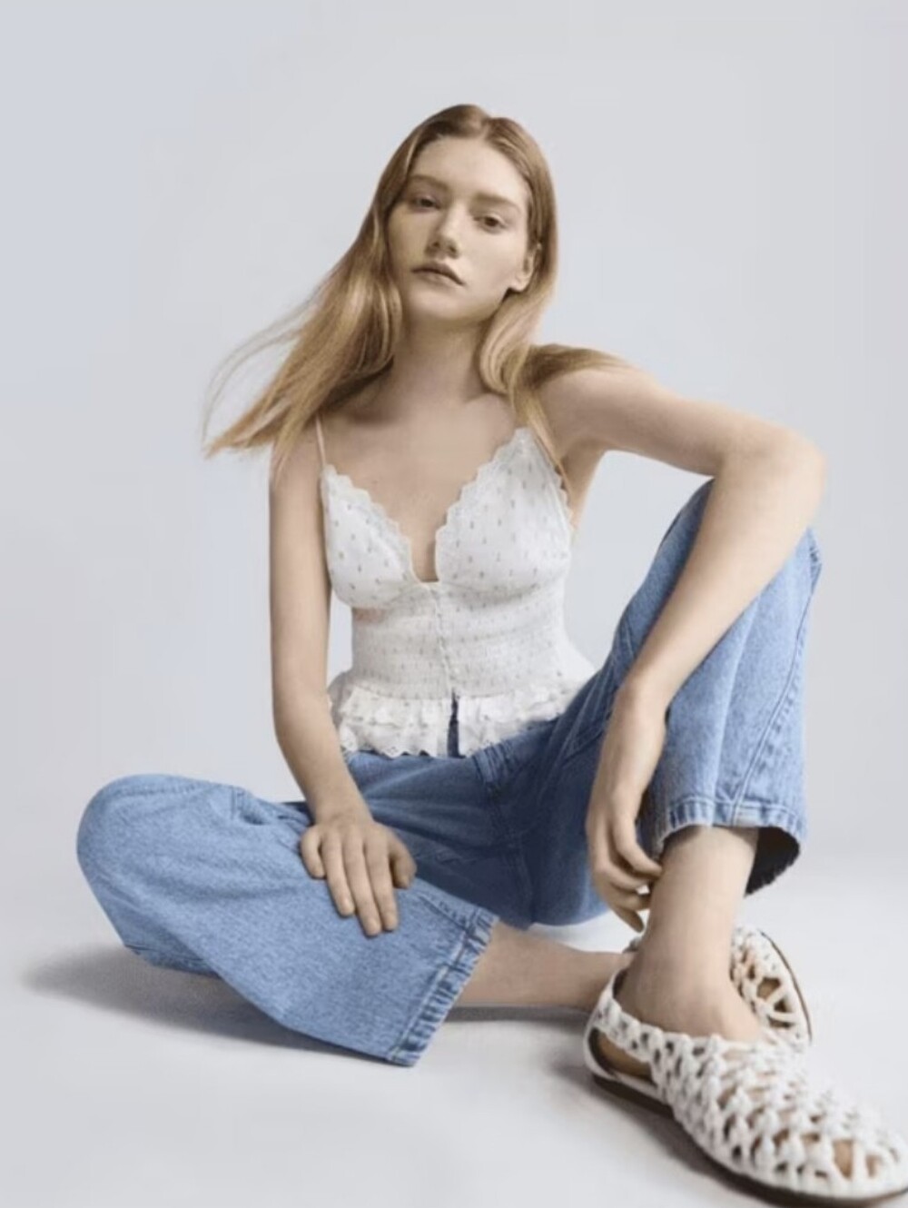 Smoked Eyelet Ruffle Tank Top NWT